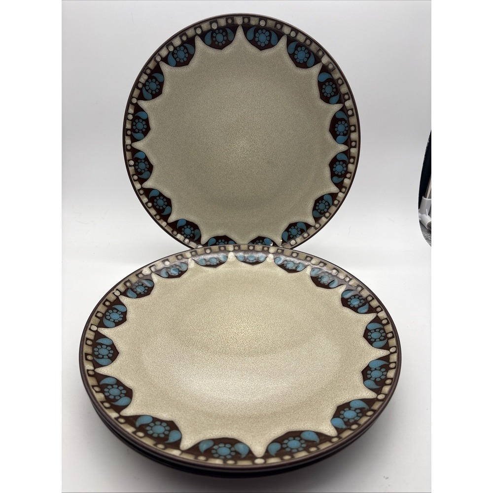 Set Of 3 Elama Clay Hart Stoneware 11" Dinner Plates Geometric Tan Turquoise